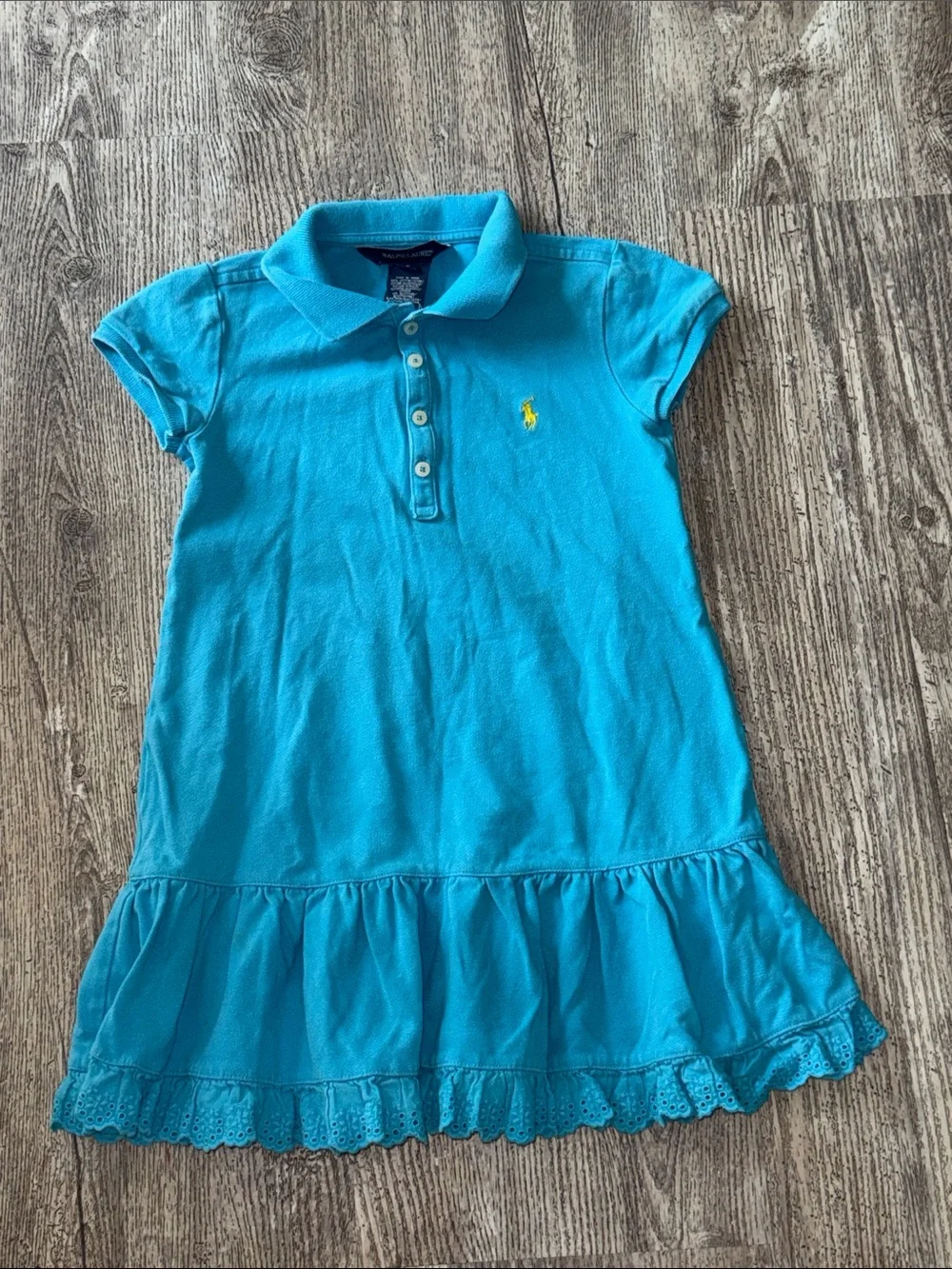 Ralph Lauren Girls Teal Polo Dress with Eyelet Hem
